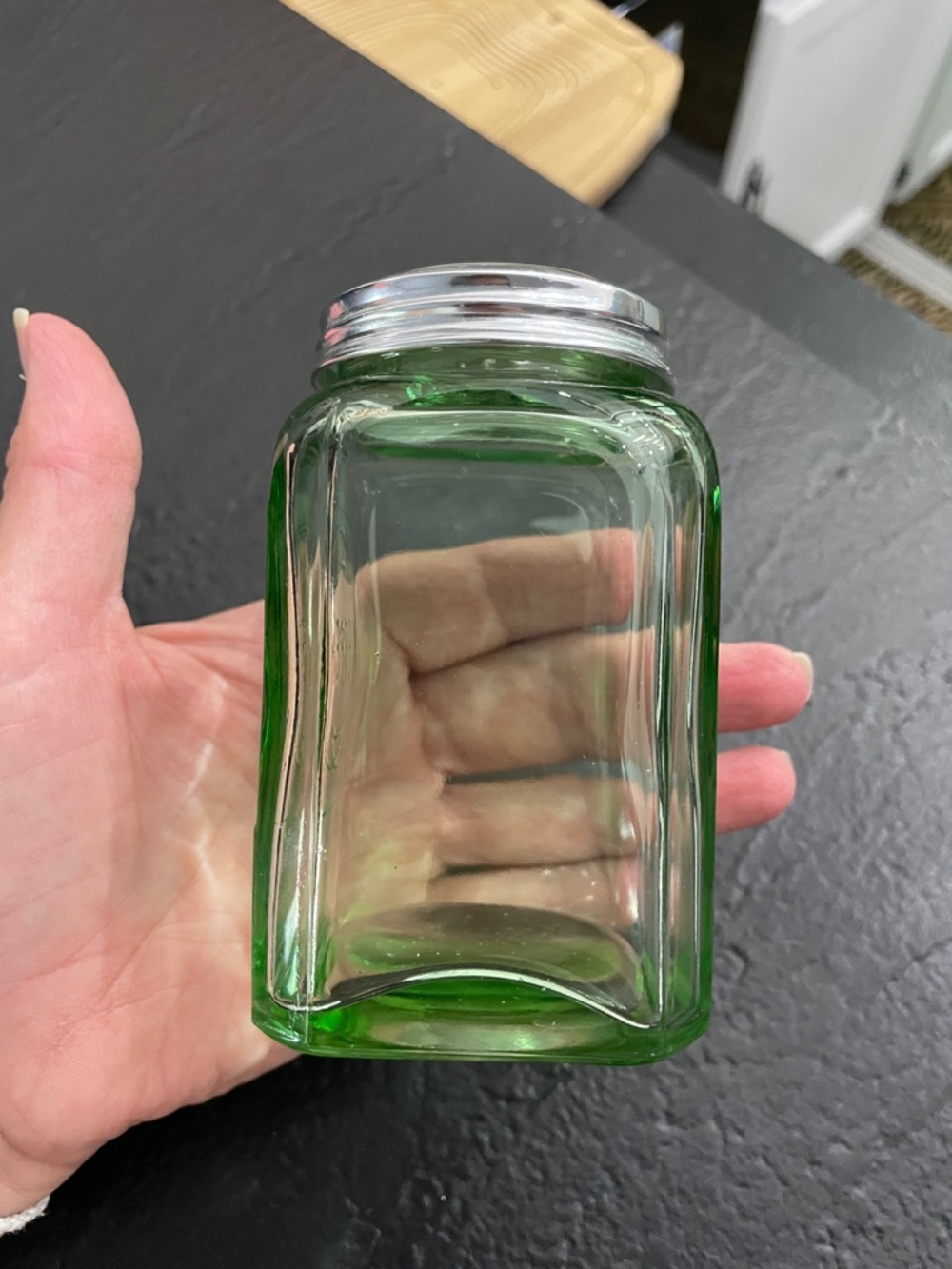 Green Glass Pepper Shaker Jar with Silver Lid - Picture 5 of 7